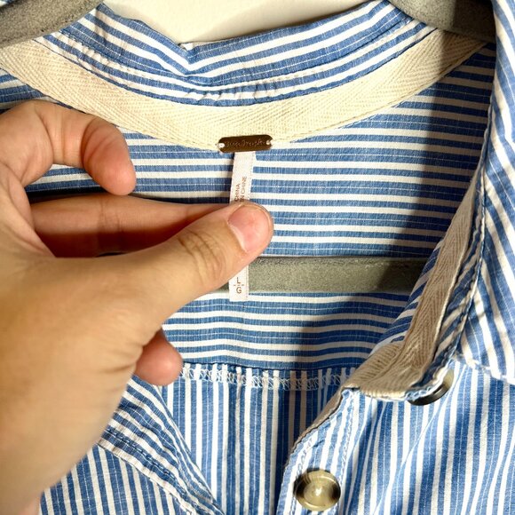 Free People Blue White Striped Starfish Button Front Mini Ruffle Dress Sz Large - Picture 4 of 6